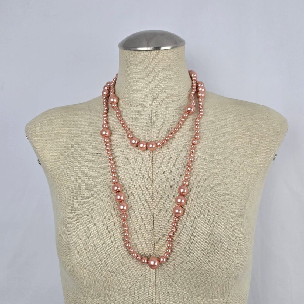 Pink Hand Knotted Long Faux Pearl Beaded Necklace